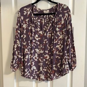 Purple Patterned V-Neck Button Down Flowy Oversized  Blouse